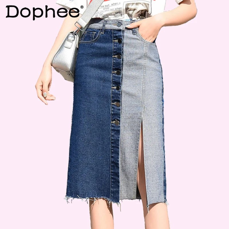 

Темперамент для похудения с завышенной талией, джинсовая юбка для женщин, сексуальное платье с Разрезом Длинное юбки размера плюс кнопка Цв...