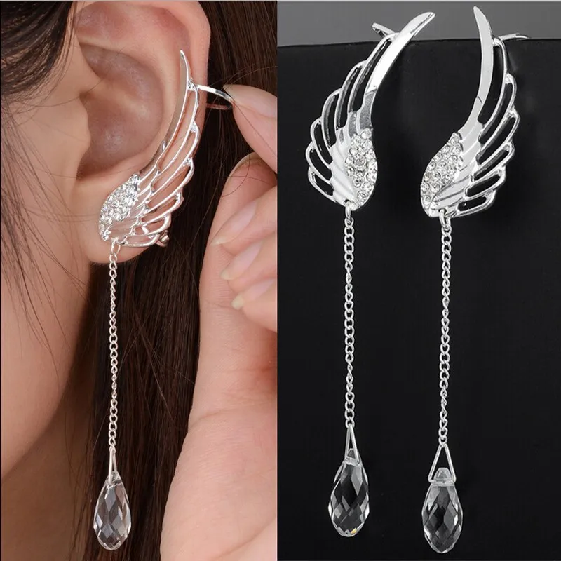 

New Silver Plated Angel Wing Crystal Earrings Drop Dangle Ear Stud For Women Bohemia Long Jewelry Cadeaux Femme Aparte Oorbellen