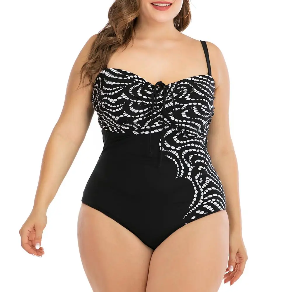 Женский цельный купальник размера плюс винтажный черно-белый монокини с принтом