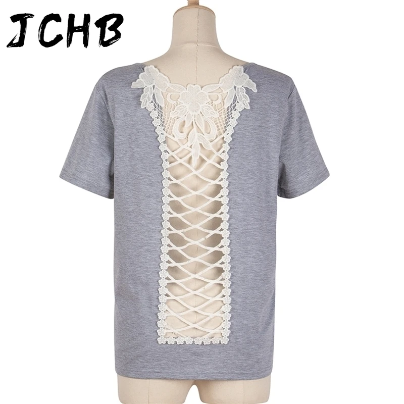 

Spring New Women T-Shirt Summer Sexy Lace Flower Patchwork Hollow Out Backless Tshirt Casual O Neck Short Sleeve Solid Tee Shirt