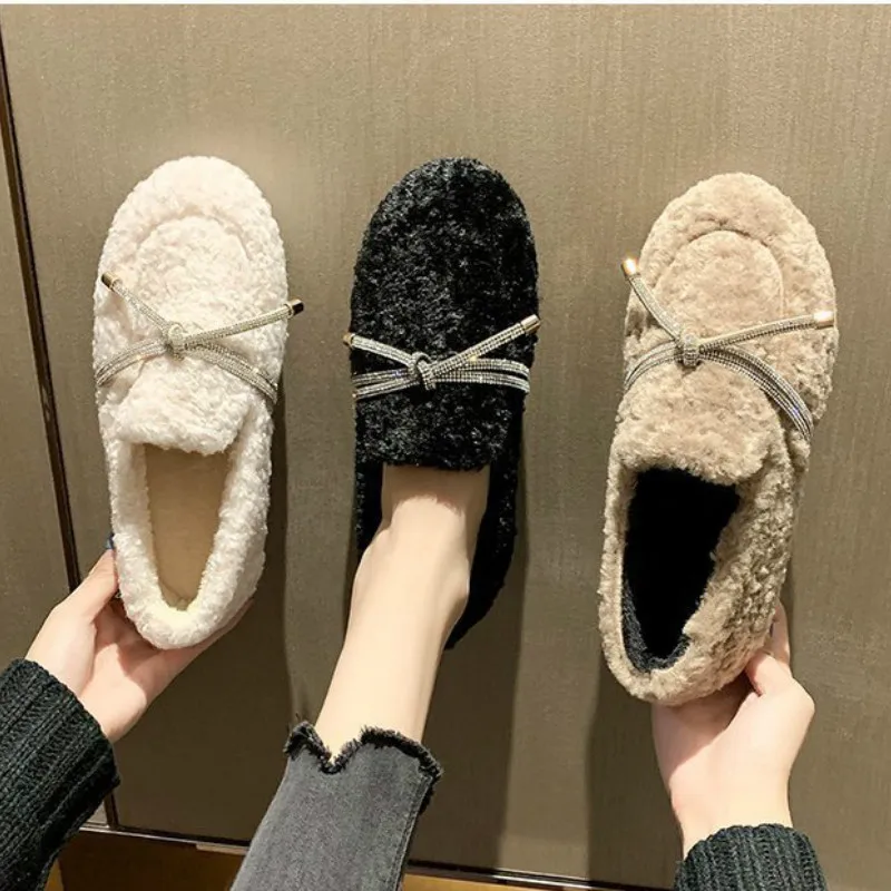 Winter The New Hairy Women's Shoes Casual Fashion Solid Slip-On Round Toe Butterfly-knot Plush High Quality Soft Bottom Flock