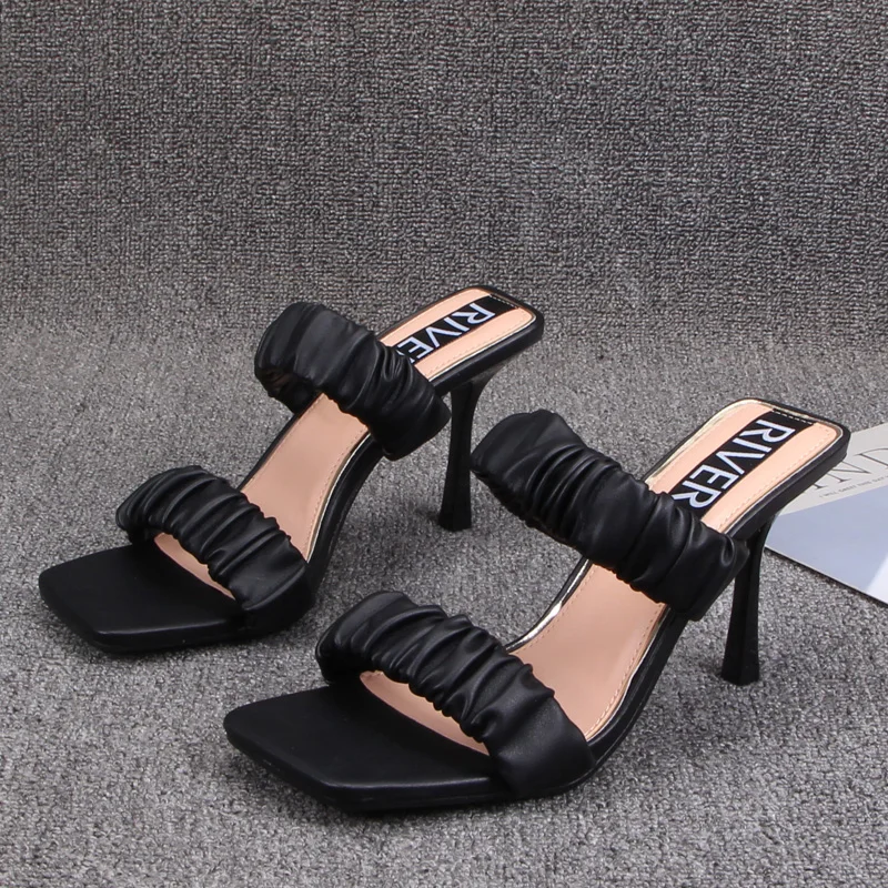 

Shoes Woman 2021 Square Toe Thin Heels Rubber Flip Flops Heeled Mules Slipper Hawaiian High Scandals Pleated Rome Sexy Elegant P