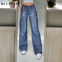 weekeep streetwear women high waist y2k jeans wide leg pocket patchwork baggy cargo pants oversize casual vintage denim trousers