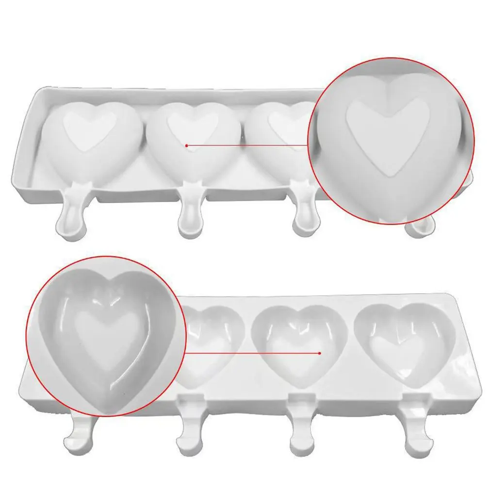 

4 Cavity Ice Cream Mold Popsicle Silicone Molds DIY Homemade Fruit Juice Dessert Ice Pop Lolly Tray Mould Heart Shape