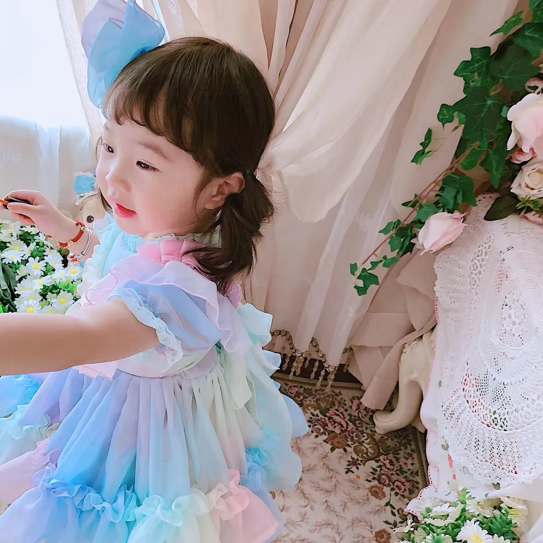 

Baby Girl Summer Rainbow Palace Vintage Spanish Turkish Princess Lolita Ball Gown Dress for Birthday Eid Weding