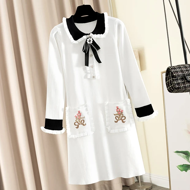 Trytree Autumn Winter Women Dress Casual Peter pan Collar Bow Embroidery Pocket Shirt Dresses Knitting Black Straight Mini Dress - Цвет: White-Long Sleeve