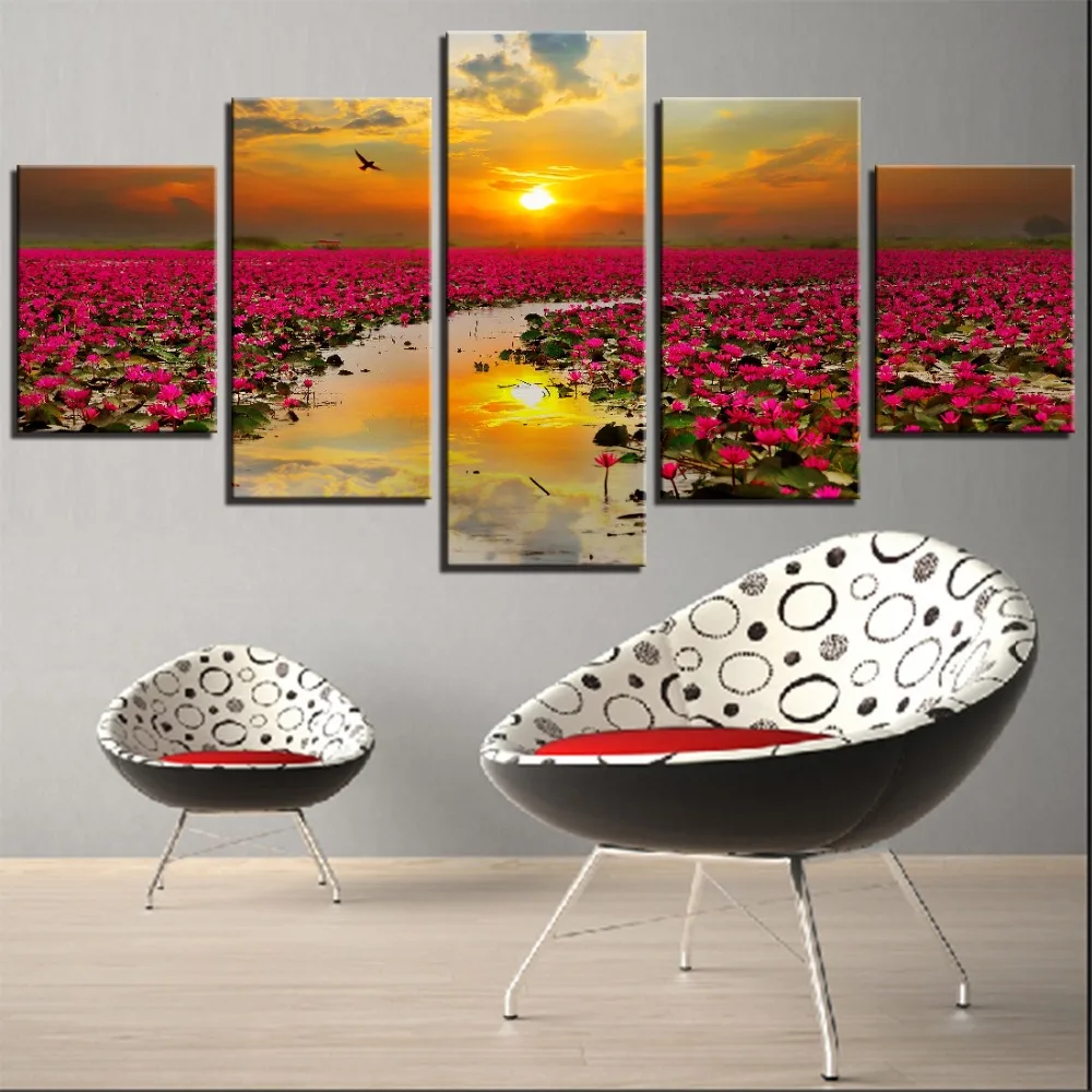 

5 Pieces Flowers Canvas Painting Rmantic Pink Plants Wallpapers Stream Lake Poster Bird And Sunset Pic Landscape Home Room Decor