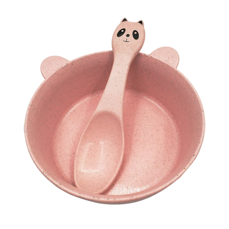 Pink Panda Set 2 шт./компл. для детских бутылочек, Еда посуда пшеницы с мультипликационным принтом в виде милых ушек детская посуда для еды набор посуды с защитой от перегрева обучение чаша+ ложка - Цвет: Pink Panda Set