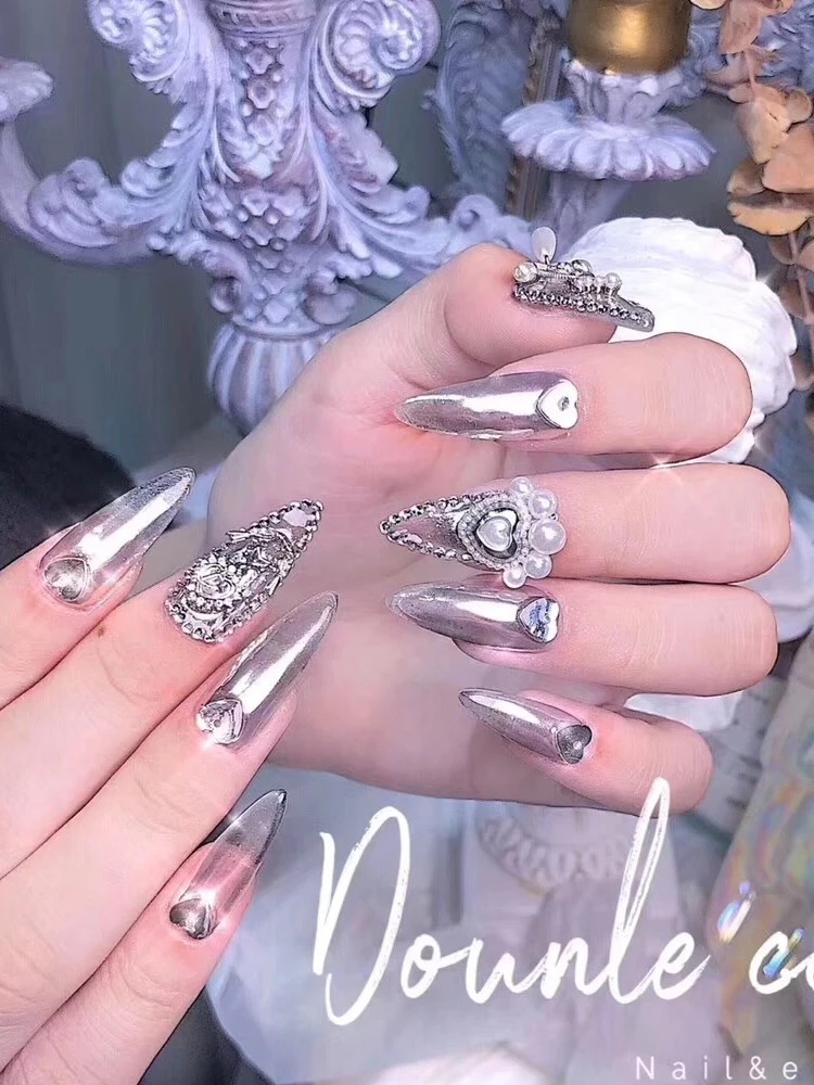 Серебряный 5 шт. Птица/Сердце/Любовь Купидон дизайн ногтей циркон Длинная цепочка Кулон Ювелирные изделия ногтей циркон алмаз ногтей циркон украшения