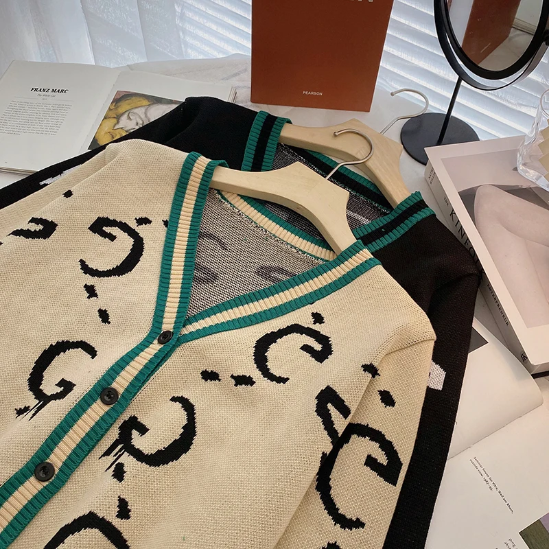 

Женский трикотажный кардиган, тонкий свитер контрастных цветов с буквенным принтом, V-образным вырезом, пуговицами и длинным рукавом, женск...