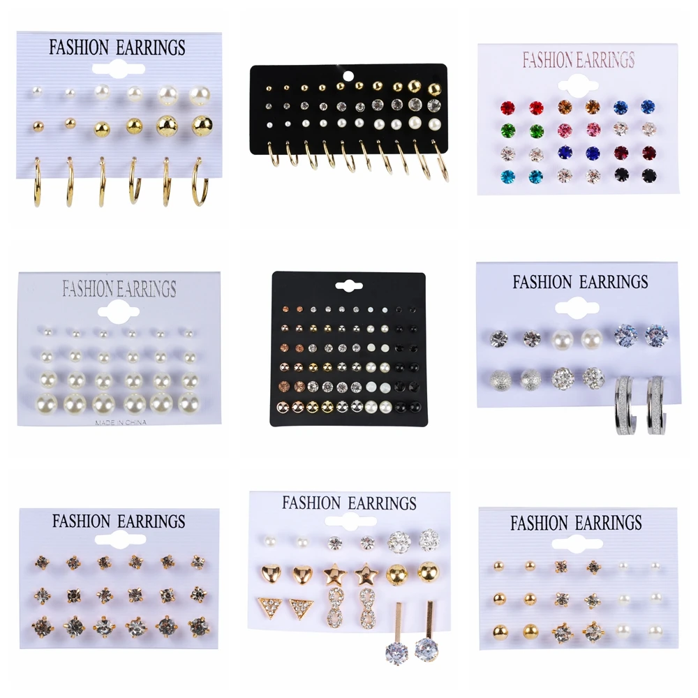 Серьги-гвоздики женские 6-30 пары в комплекте стразы с кристаллами и жемчугом |