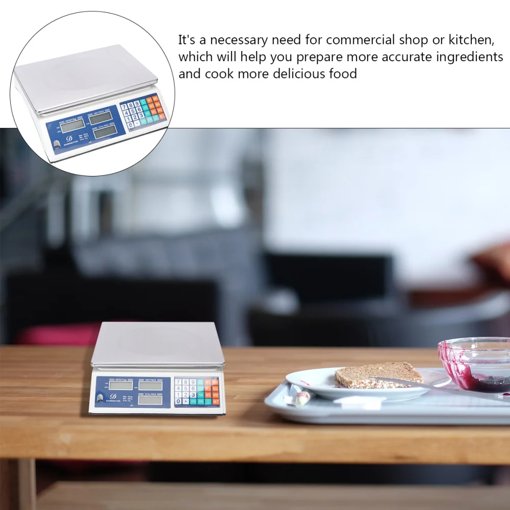 

40kg Stainless Steel Electronic Kitchen Scales Digital Commercial Shop Scales Weigh Food Ingredients and Liquid (Plug)