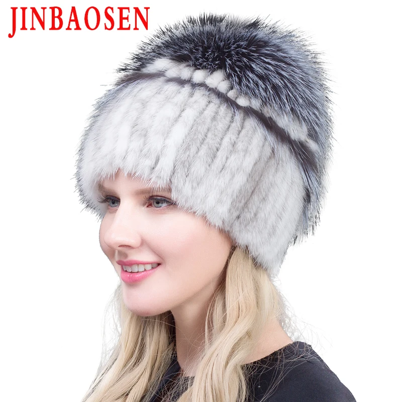 JINBAOSEN/женская вязаная норковая меховая шапка стильная женская с помпон из