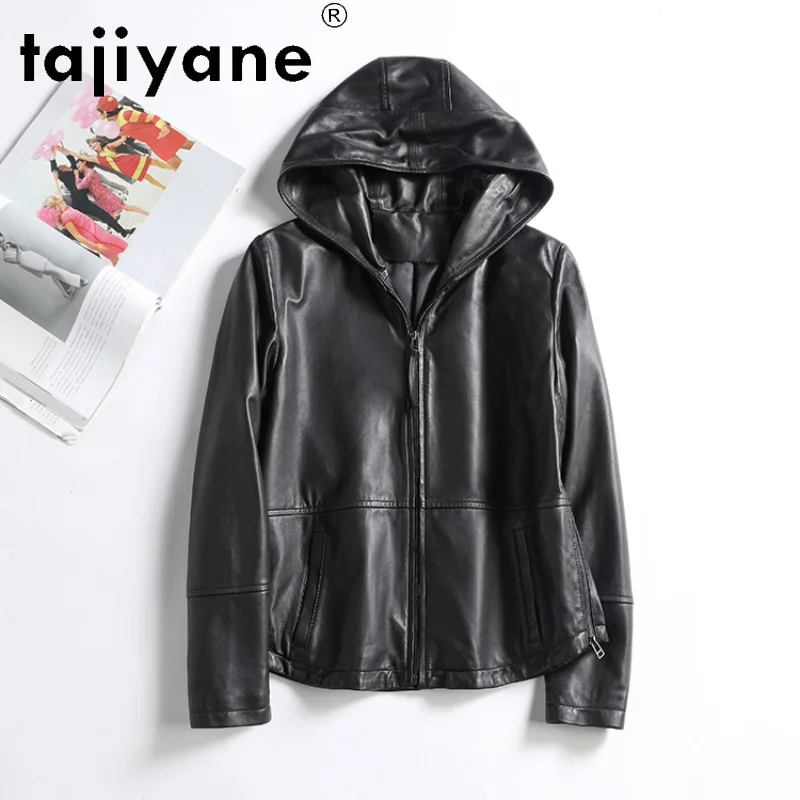 

Женская кожаная куртка с капюшоном Tajiyane, черная куртка из натуральной овечьей шкуры, Корейская одежда для осени 2021, Gmm745