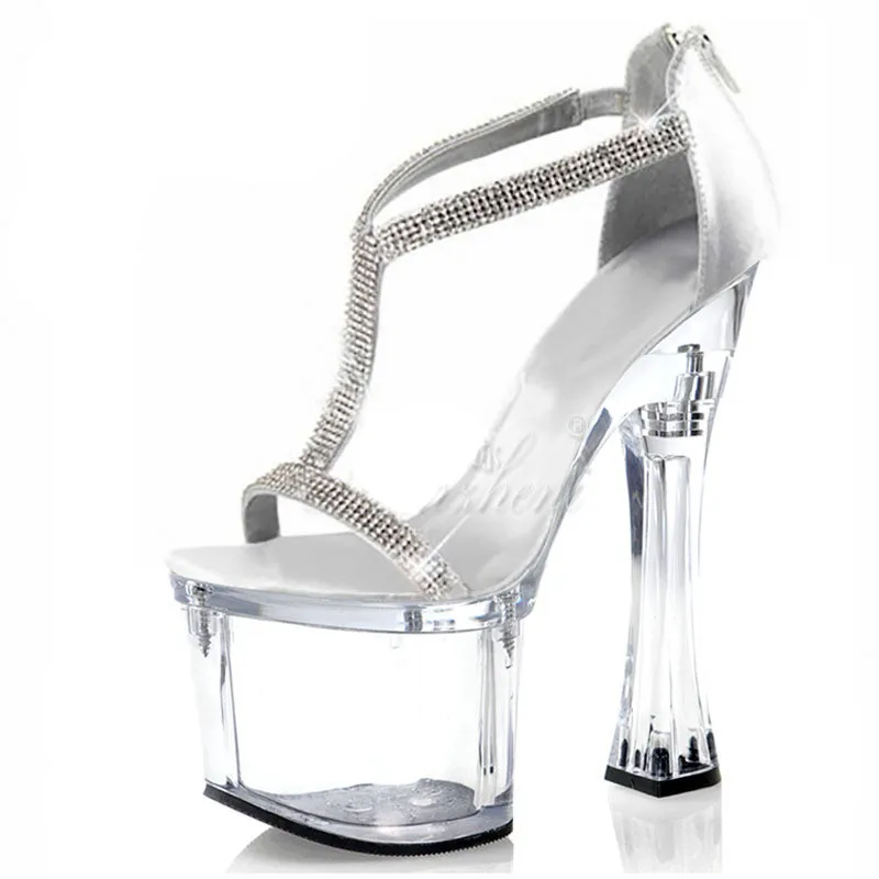 18cm Super High heeled shoes All match Rhinestone Open Toe Big Size Womens Sandals 7 inches Show Spool heels Party Dress Sandals