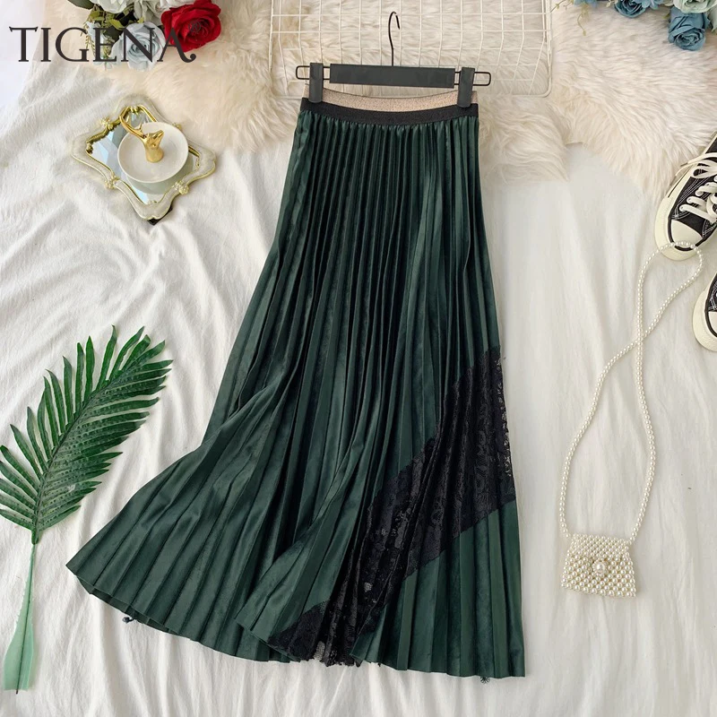 Женская плиссированная юбка макси TIGENA длинная из бархата и шнурок с высокой