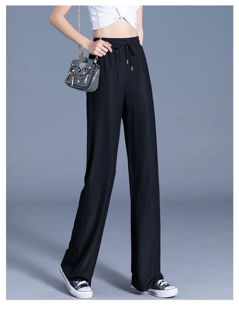 

Summer Ice Silk Wide-leg Women Pants Elastic High Waist Full-lenth Loose Khaki Black Casual Long Pants Women Cool Trousers2021