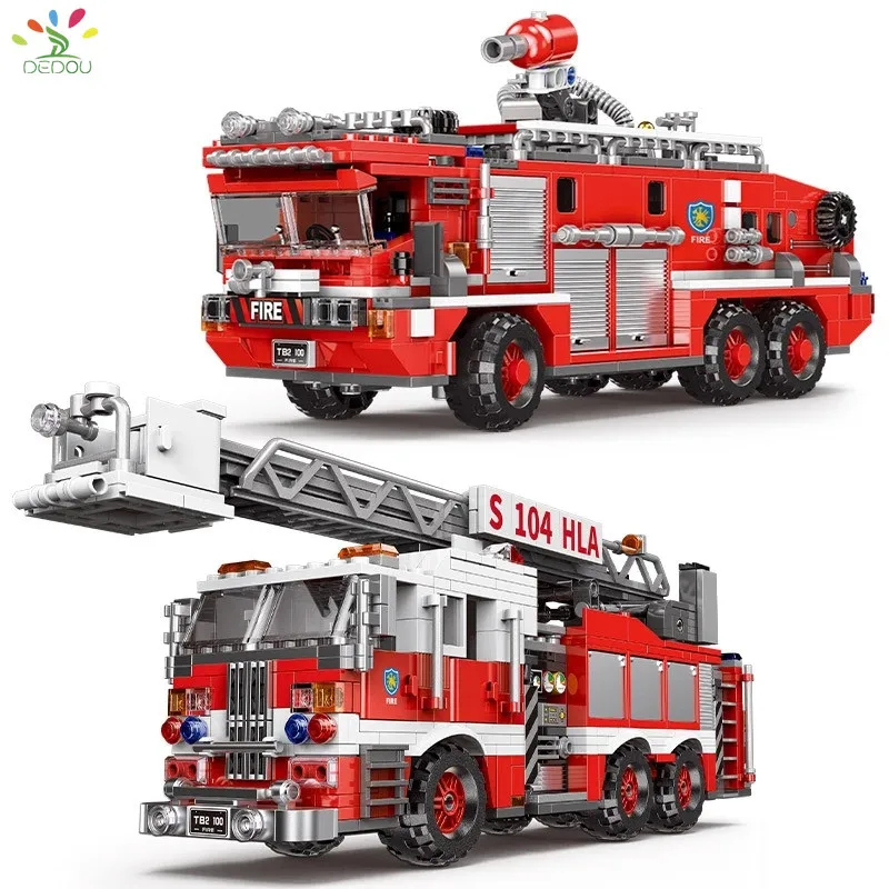 

DEDOU Toy City Fire Series Fire Ladder Truck Model Assembled Building Blocks Creative Small Particle Water Cannon Rescue Car Chi