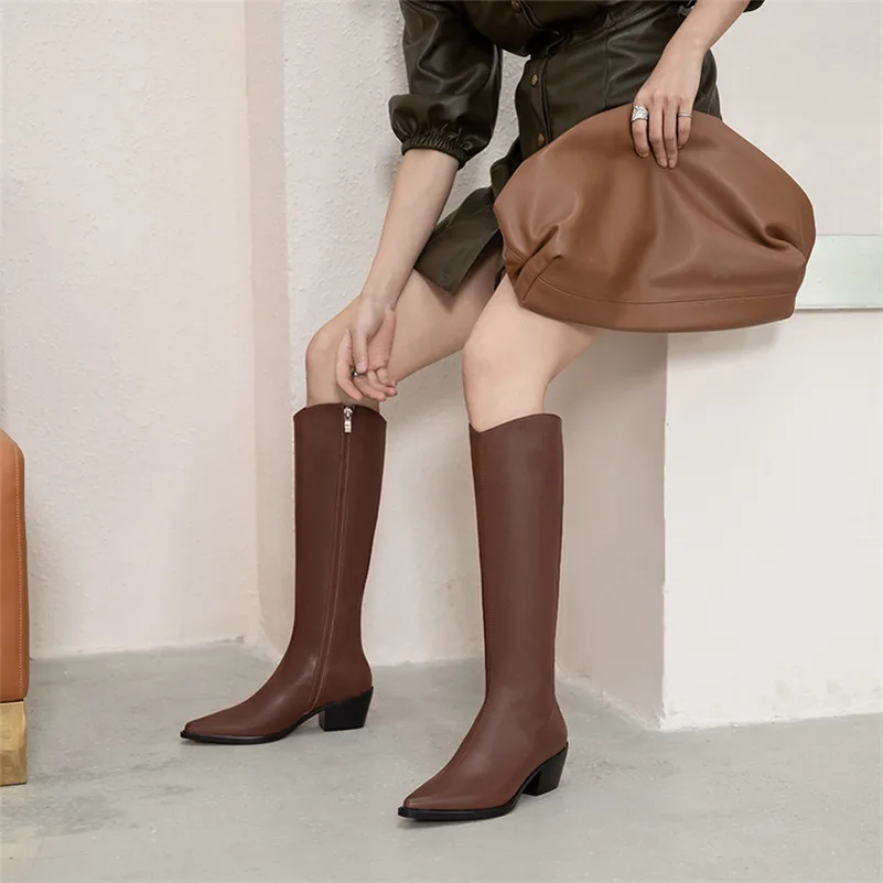 

ANNYMOLI Real Leather High Knee High Boots Western Boots Women Shoes Pointed Toe Block Heels Zip Lady Long Boots Brown Beige 40