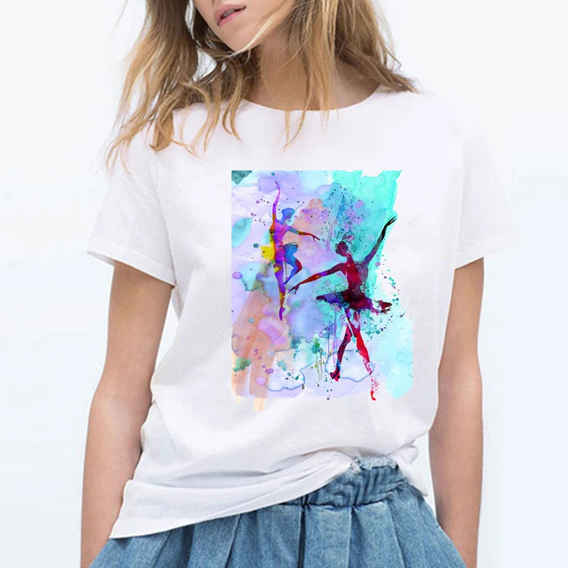 

Summer water color ballerina Print White T-shirt Kawaii Gymnastics Dancer T-shirt Harajuku Fashion casual T-shirt women shirts