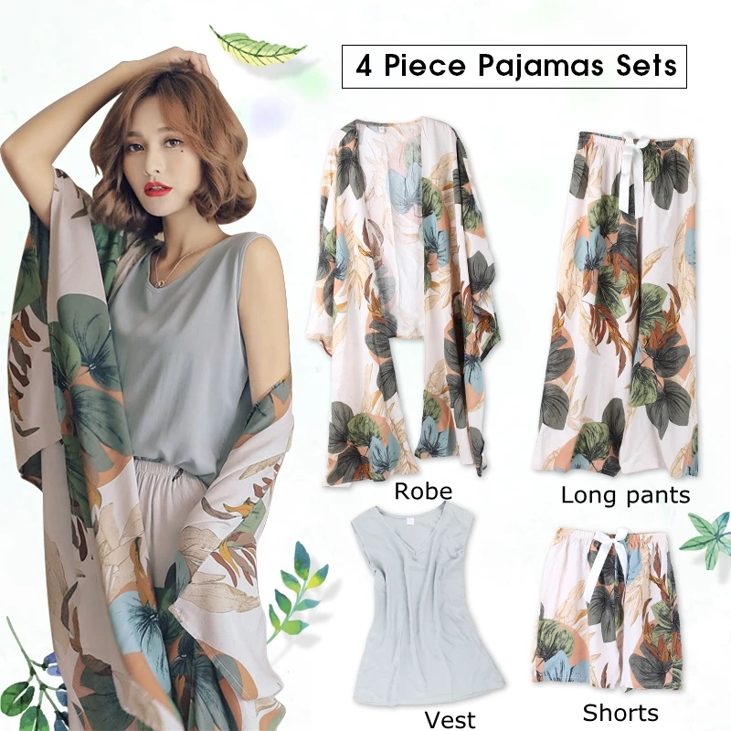 

2021 Spring Summer New Woman Pajamas Set Soft Pyjamas 4 Pieces Sleepwear For Female Long Sleeves Breathable Sexy Robe Home Wear