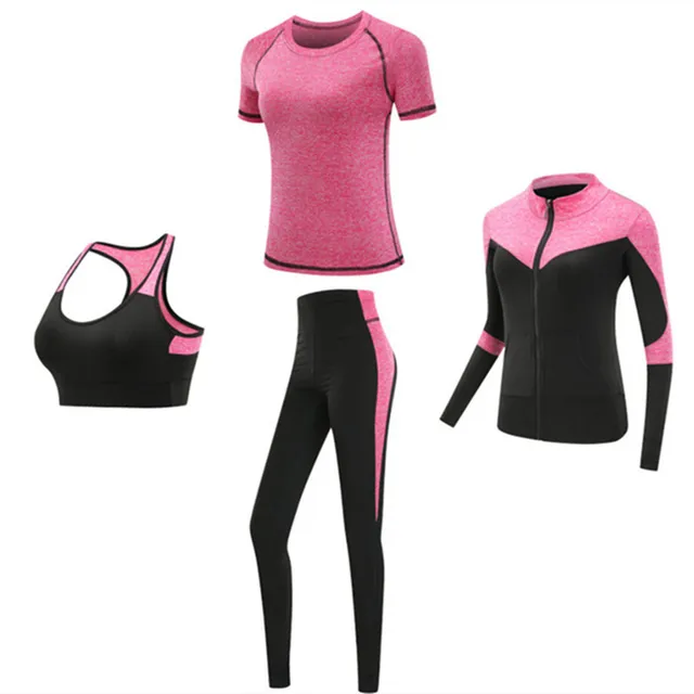 Quick dry women sportswear 4PCS set fitness gym yoga clothing suit sets coat+bra+t shirt+leggings 2019 workout running training 4