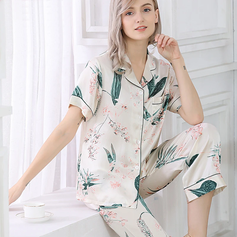 Fashon New Fresh 100% genuine silk Flowers pajamas sets women sleepwear Korean sexy Elegant fashion pure silk womens pyjamas T01
