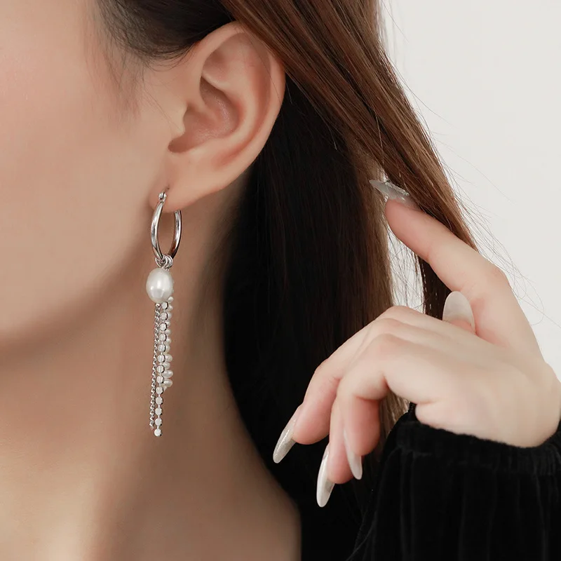 

S'STEEL Pearl Hoop Earrings Gift For Women Sterling Silver 925 Earring Long Tassel Earings Gold Teandy Geometric Earing Jewelry