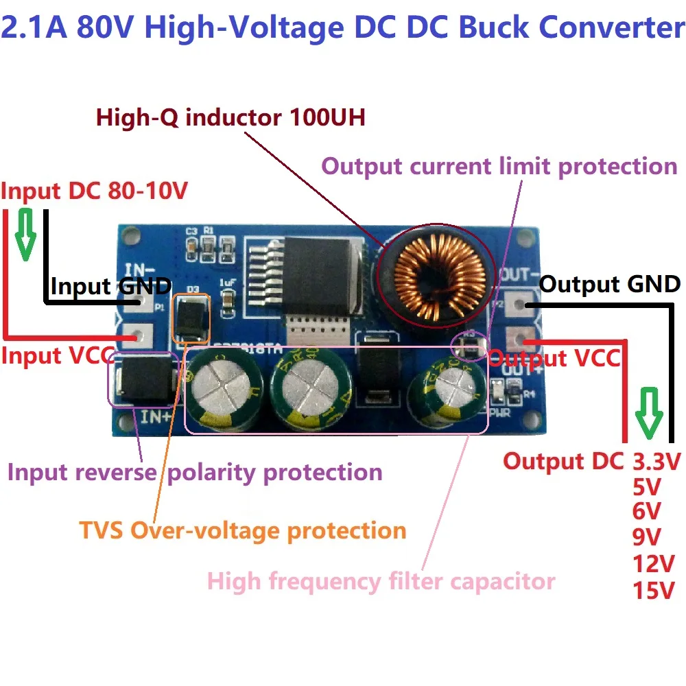 

2.1A High-Voltage EBike DC-DC Converter Buck Step-Down Regulator Module 80V 72V 64V 60V 48V 36V 24V to 15V 12V 9V 6V 5V 3.3V
