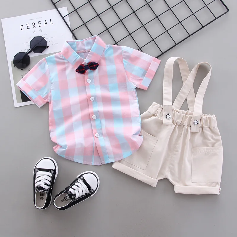 

Summer Kids Sets Boys Gentleman Clothes Sets Plaid Short Sleeve Shirts + Bib Shorts 2 Pcs Suits Kids Cotton Comfortable Sets