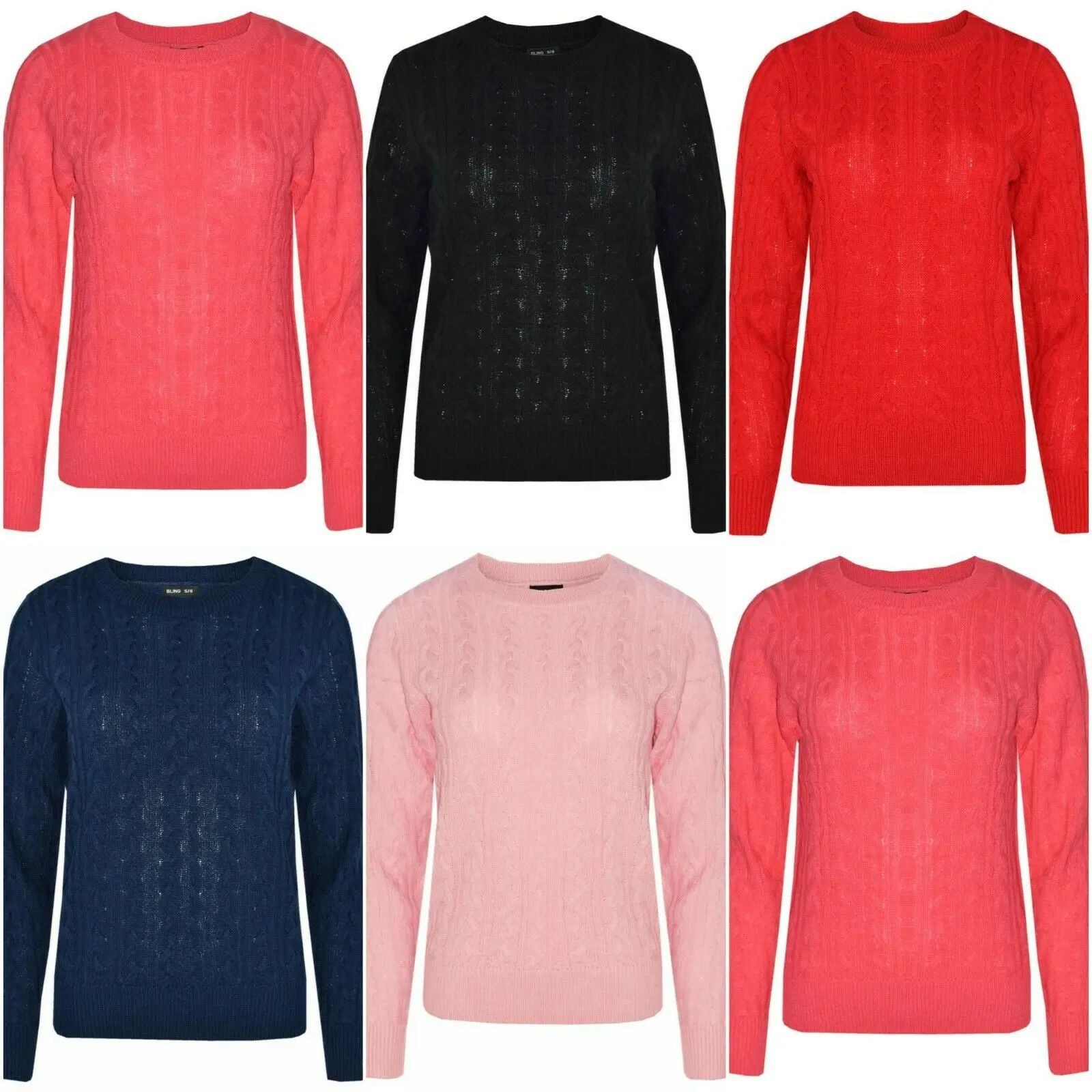 

Ladies Women Knitted Crew Neck Plain Chunky Cable Knit Pullover Jumper S - 3XL