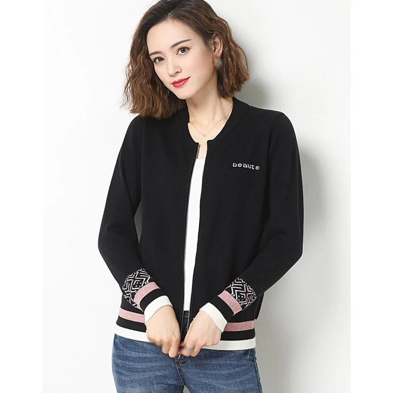 

Ladies Coat Female Autumn Winter Korean Style Casual Long Sleeve O Neck Zipper Stripe Knitted Cardigan
