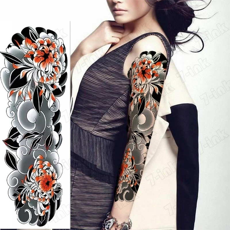 Водонепроницаемая Временная тату наклейка на всю руку Ukiyo e Хризантема цветок