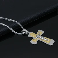 new fashion men cross jesus pendent necklace stainless steel 60cm chain necklace gold steel cross woman bible cross jewelry