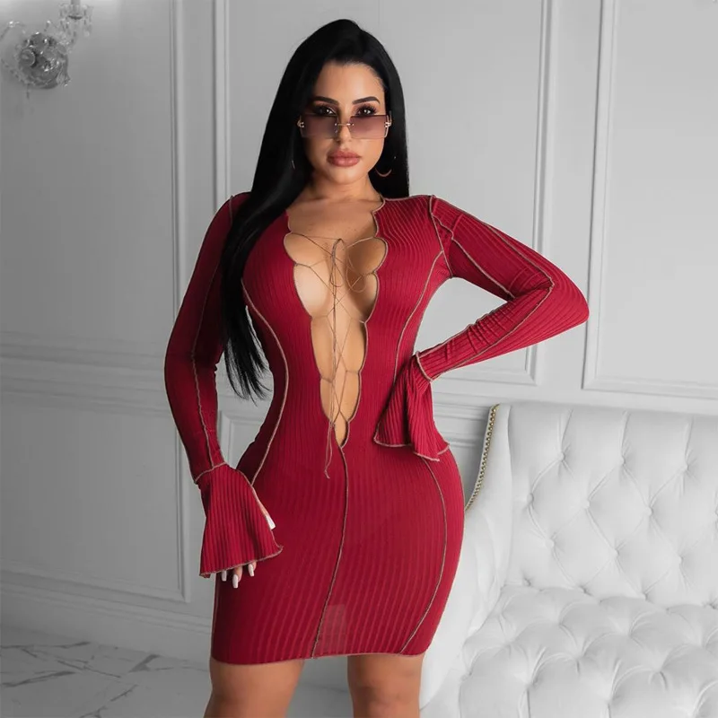 

2020 Autumn and Winter Foreign Trade New Women's Pit Strip Sexy V-neck Strappy Trumpet Sleeve Dress Party Dress