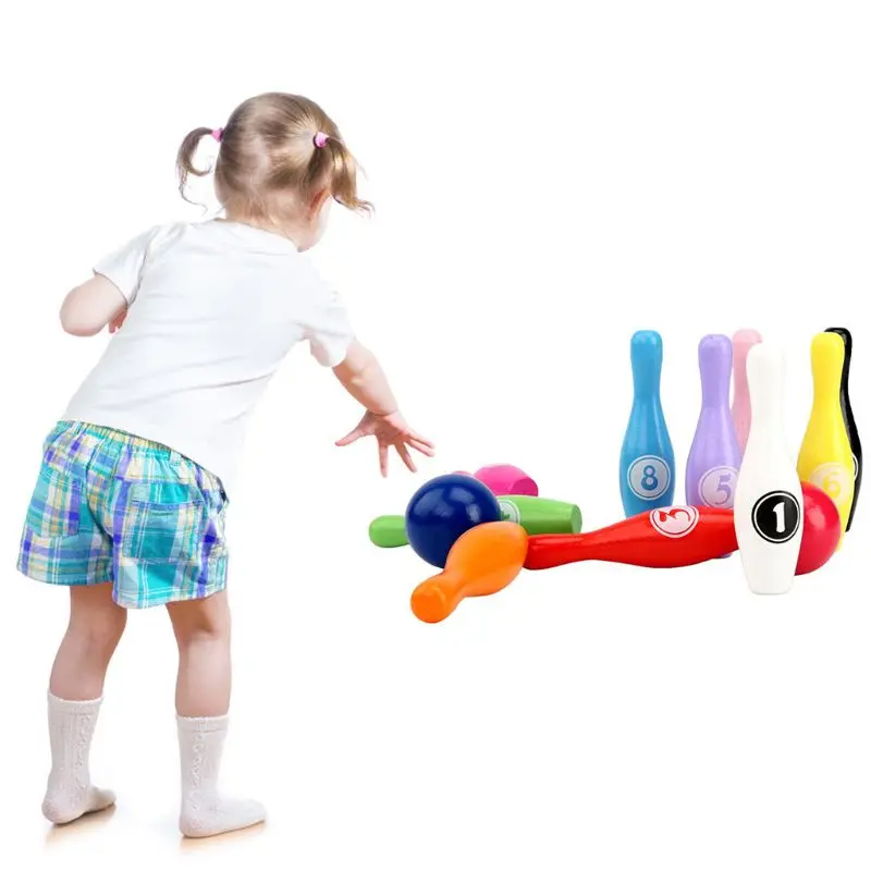 12pcs/set Wooden Color Bowling Set 10 Pins 2 Ball Game for Kids Indoor | Спорт и развлечения