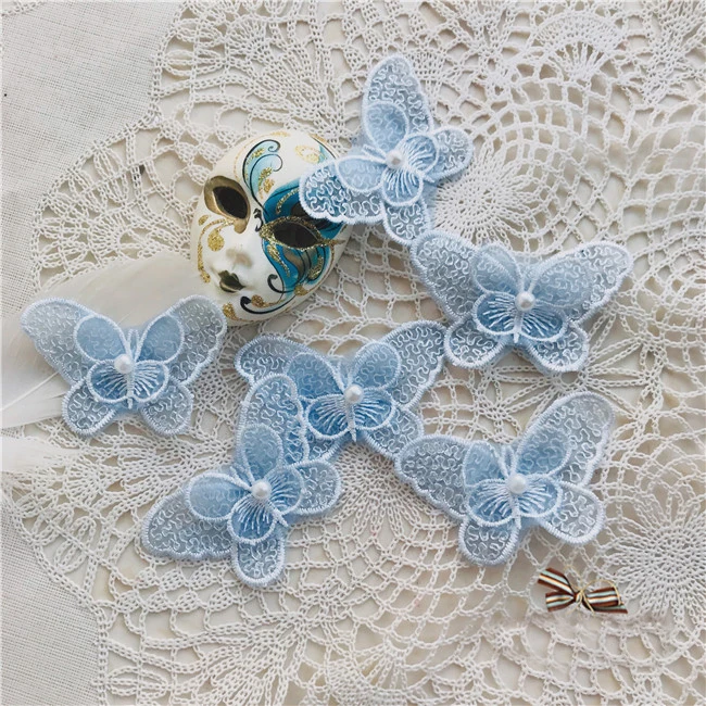 Синяя аппликация 15 шт. бабочка из органзы Вышивка бисером кружевные нашивки