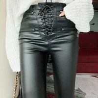 pu leather trousers lace up high waist skinny pencil pants zipper cuff faux leather winter brand new 2020 women fashion pants