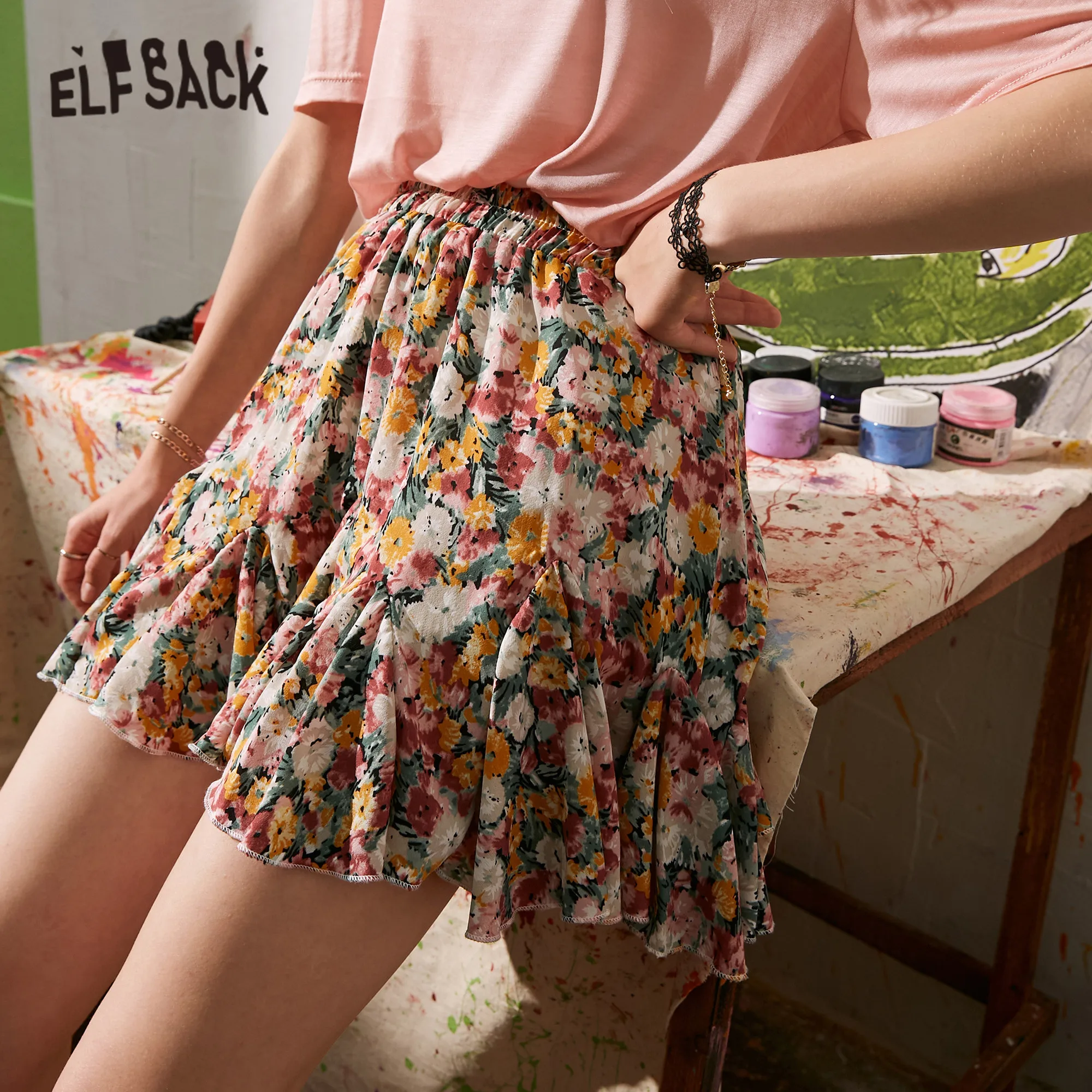 Женская шифоновая юбка ELFSACK розовая с цветочным принтом А силуэта высокой талией