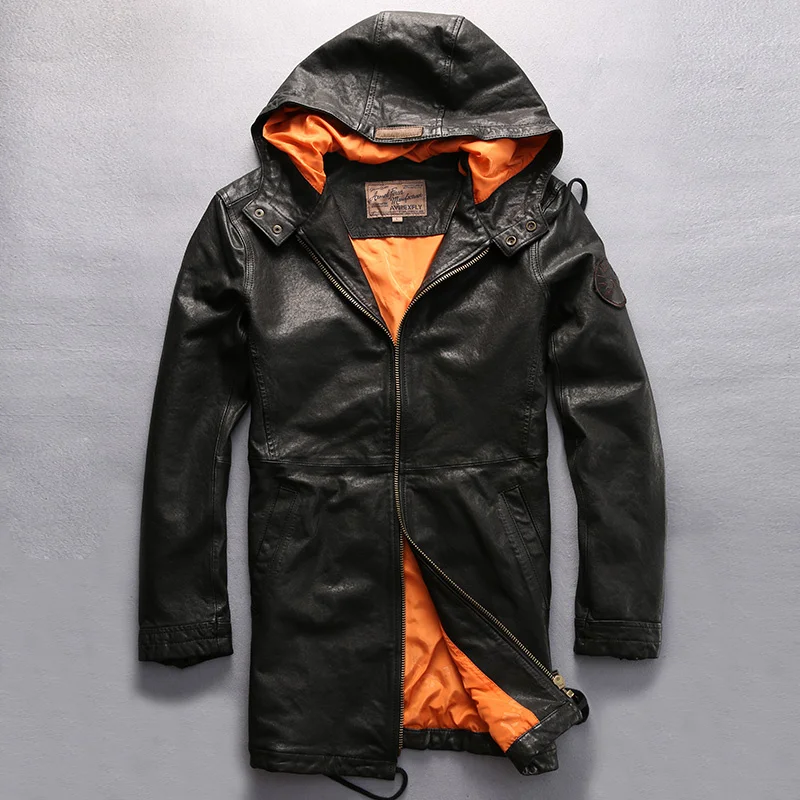 

fashion hooded long leather jacket men black 2022 new arrivals sping hood genuin leather coat for men causal jacket