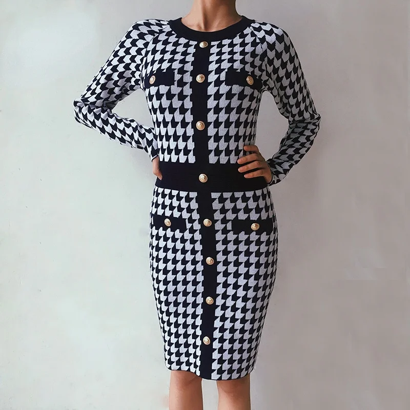 

New2021 Winter Bodycon Plaid Dress Women Plaid Houndstooth Knitted Dress Autumn Fashion Retro Knit Sweater Robe Work Streetwear