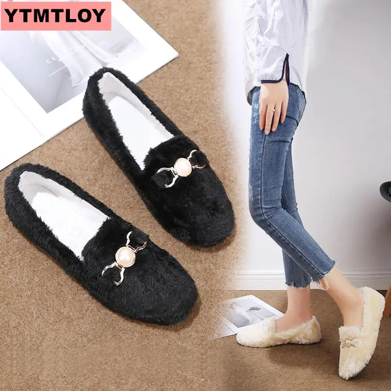 Женская обувь с жемчугом Lok Fu удобная плюшевая на плоской подошве Осень зима
