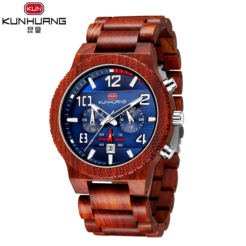 

Vintage Wood Watch Men KUN HUANG KH1015 Wooden Watch Men erkek kol saati Luxury Wood Timepieces Chronograph Date Luminous Box