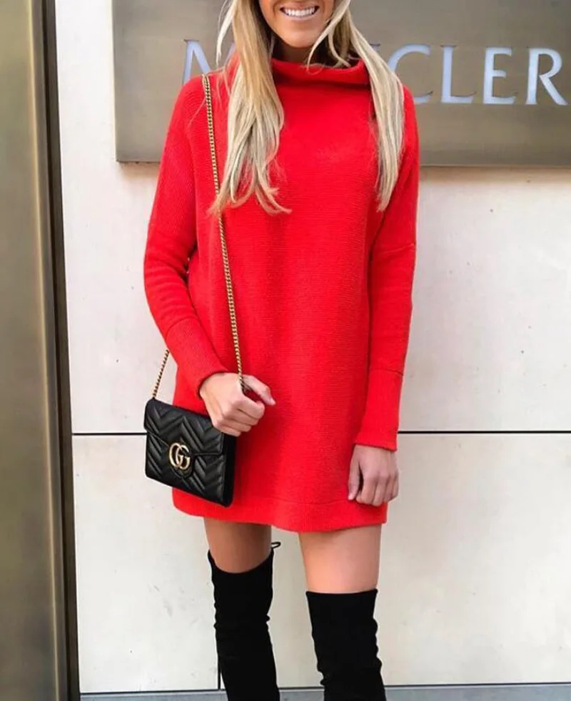 100261 Red Новое поступление, женское однотонное модное простое платье с длинным рукавом и круглым вырезом, повседневное свободное прямое платье, женское базовое приталенное платье - Цвет: 100261 Red