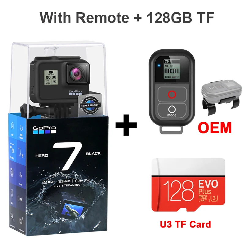 with remote 128GB GoPro HERO 7 черная Водонепроницаемая Экшн-камера с сенсорным экраном Спортивная камера Go Pro HERO 7 12 МП стабилизация прямых потоковых фотографий - Цвет: with remote 128GB