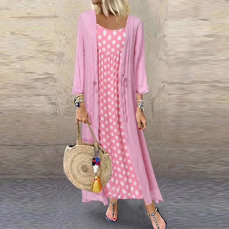 Pink Lipswag 5XL Women Autumn Two Piece Set Long Sleeve Party Dress Casual O Neck Polka Dot Sundress Elegant Plus Size Female Dresses - Цвет: Pink