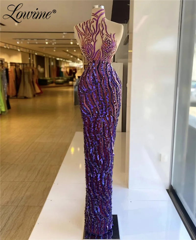 

Lowime Purple Beaded Evening Dresses 2021 New Arrival Couture Long Party Dress Illusion Arabic Dubai Prom Gowns Robe De Soiree