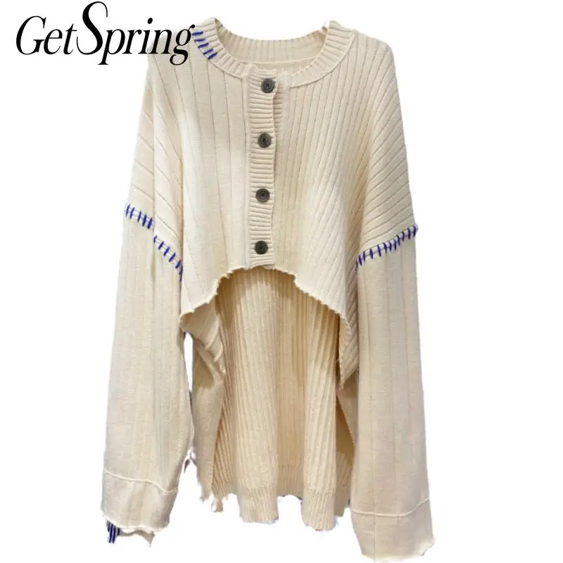 

Getspring Women Sweater Irregular Hollow Out Vintage Sweaters Women Asymmetry Long Loose Knitting Cardigan 2020 New Fashion Tops