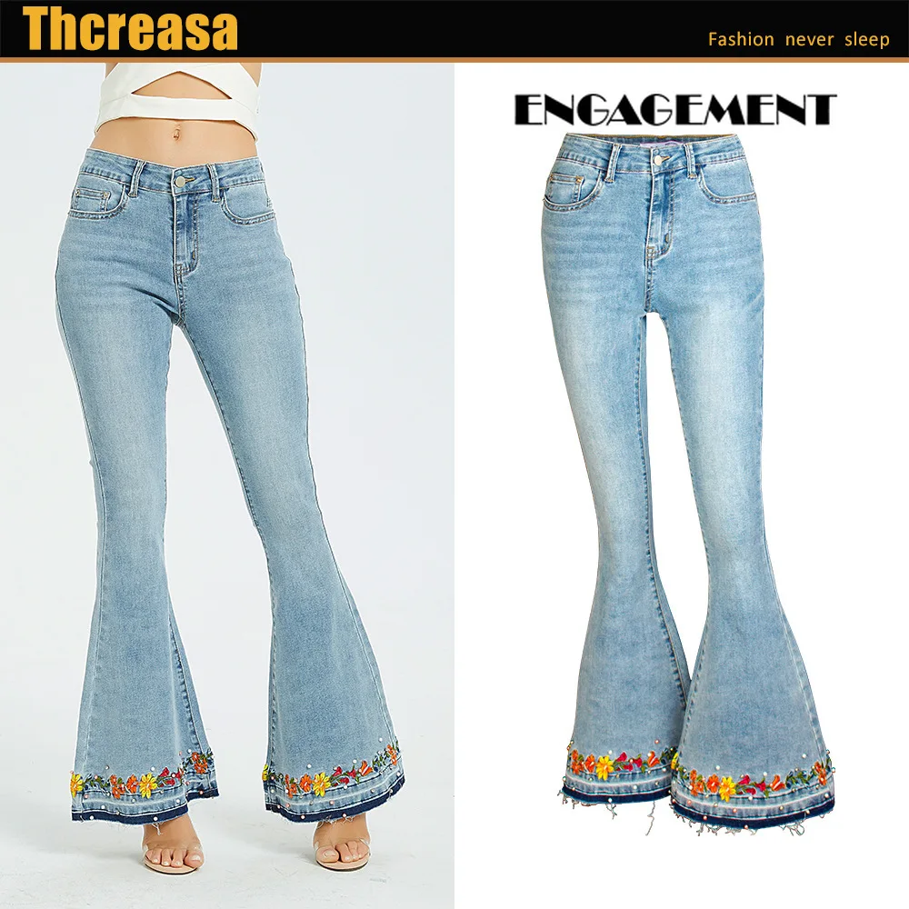 

2021 Trafaluc Za trumpet jeans women's 3D embroidery women's jeans new women's rivet jeans trousers pantalones de mujer pants