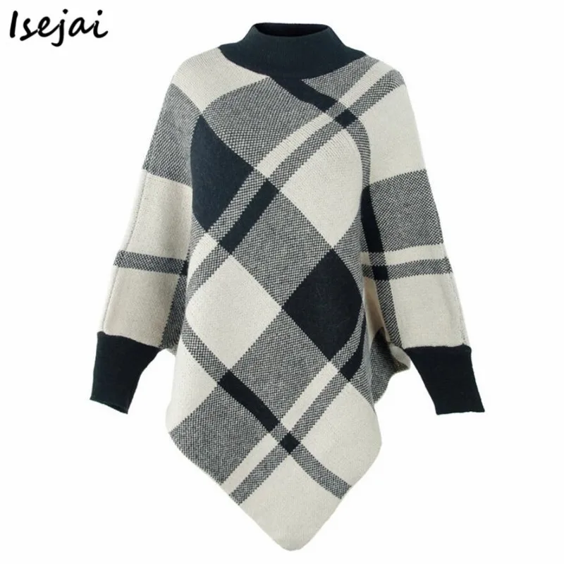 

Plaid Bat Sleeve Poncho Sweater Autumn Winter New Cape Women's Color-blocking Knitted Shawl Women Coat
